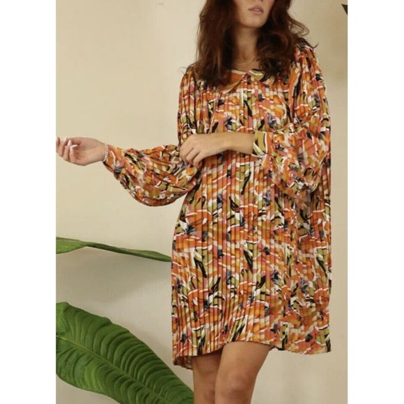MULLA Print All Pleats Mini Dress Orange Multi Size Small - Picture 1 of 11